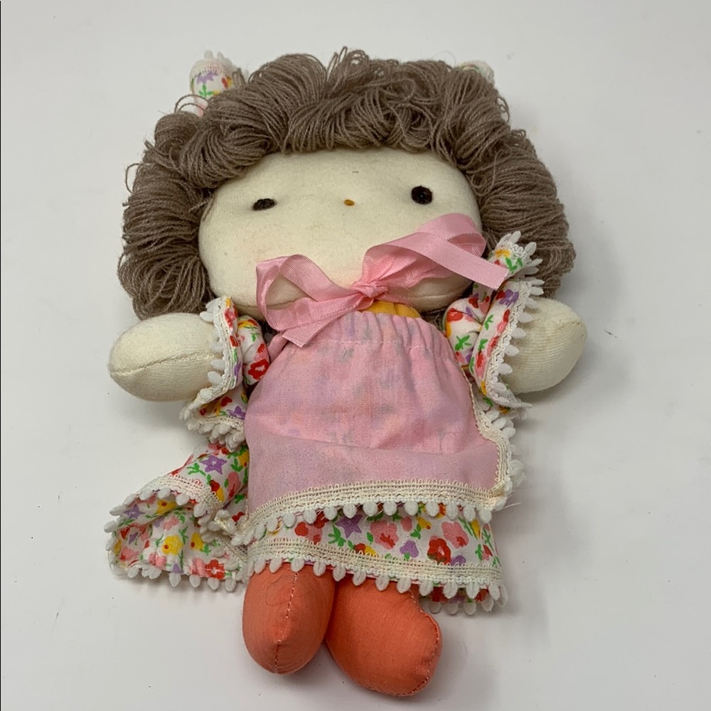 Vintage 9” Floral Doll with Pink Dress and Brown Hair